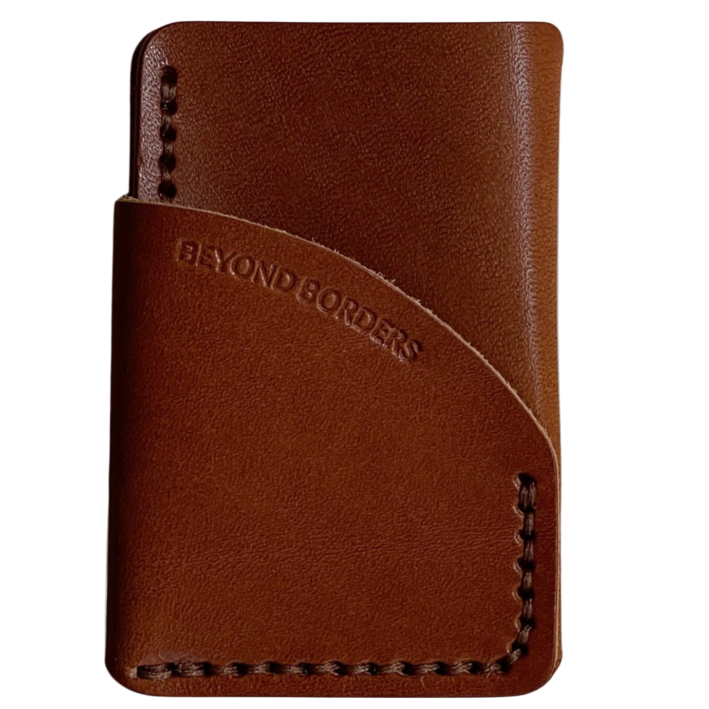 Brown leather wallet with 'Beyond Borders' branding on a white background