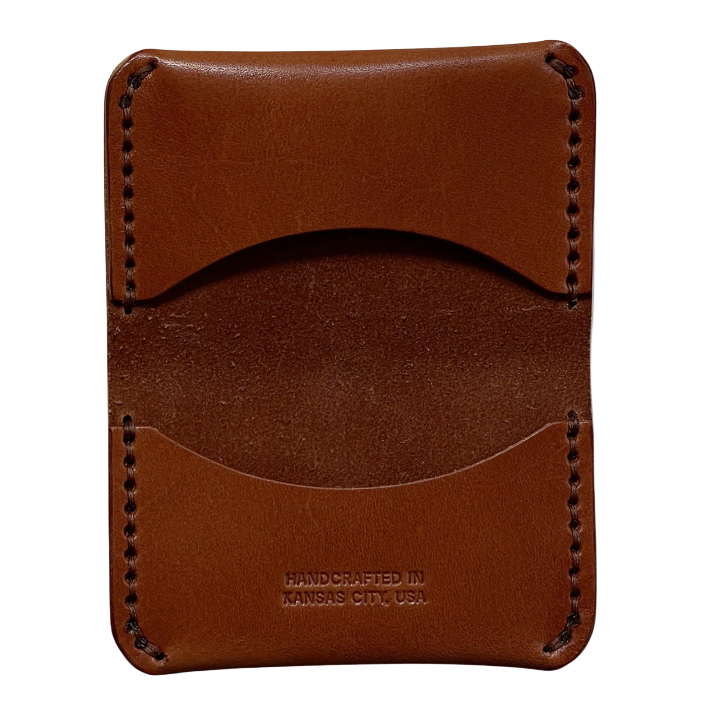 Brown leather wallet with 'Handcrafted in Kansas City, USA' text on a white background