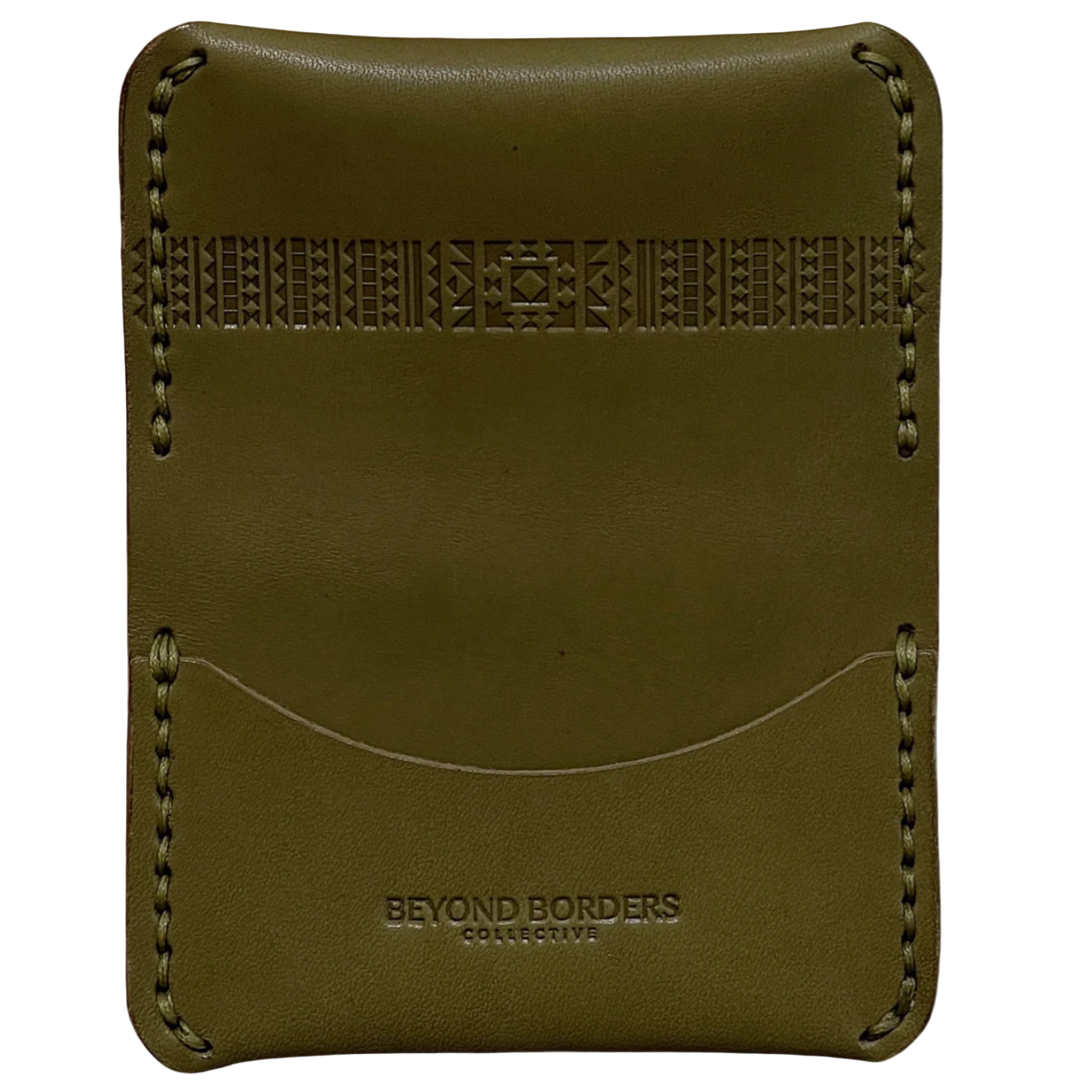 Brown leather wallet with 'Beyond Borders Collective' branding on a white background