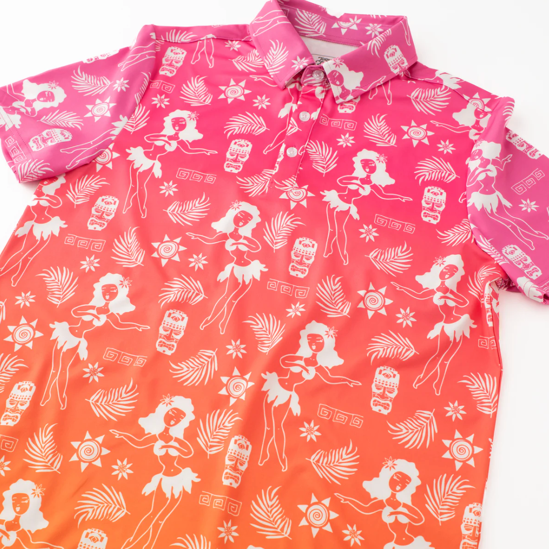 Pink and orange shirt with white hula dancer and tropical pattern