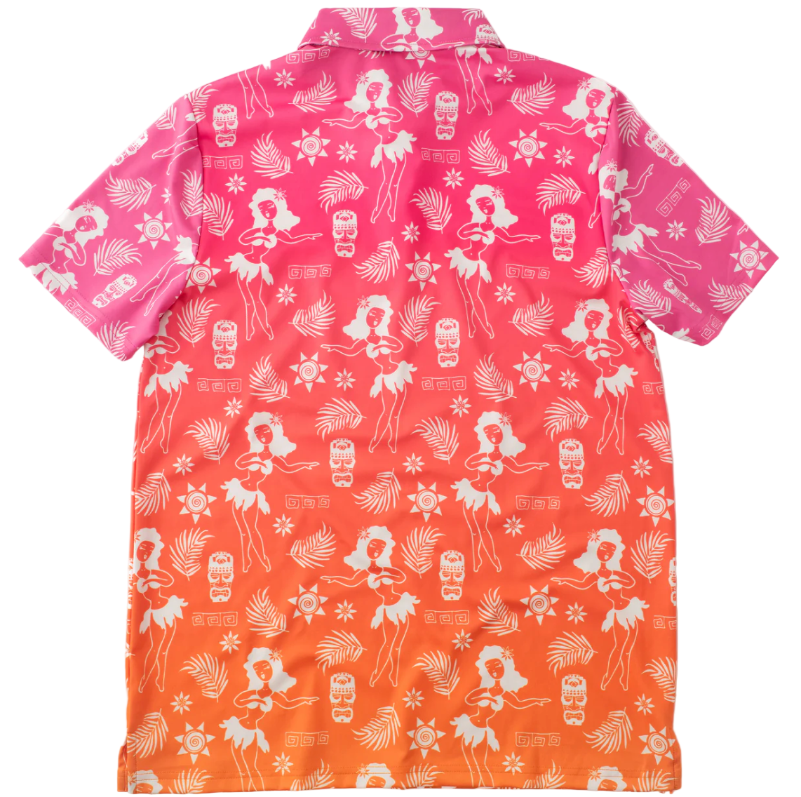 Pink and orange shirt with white graphic patterns on a white background