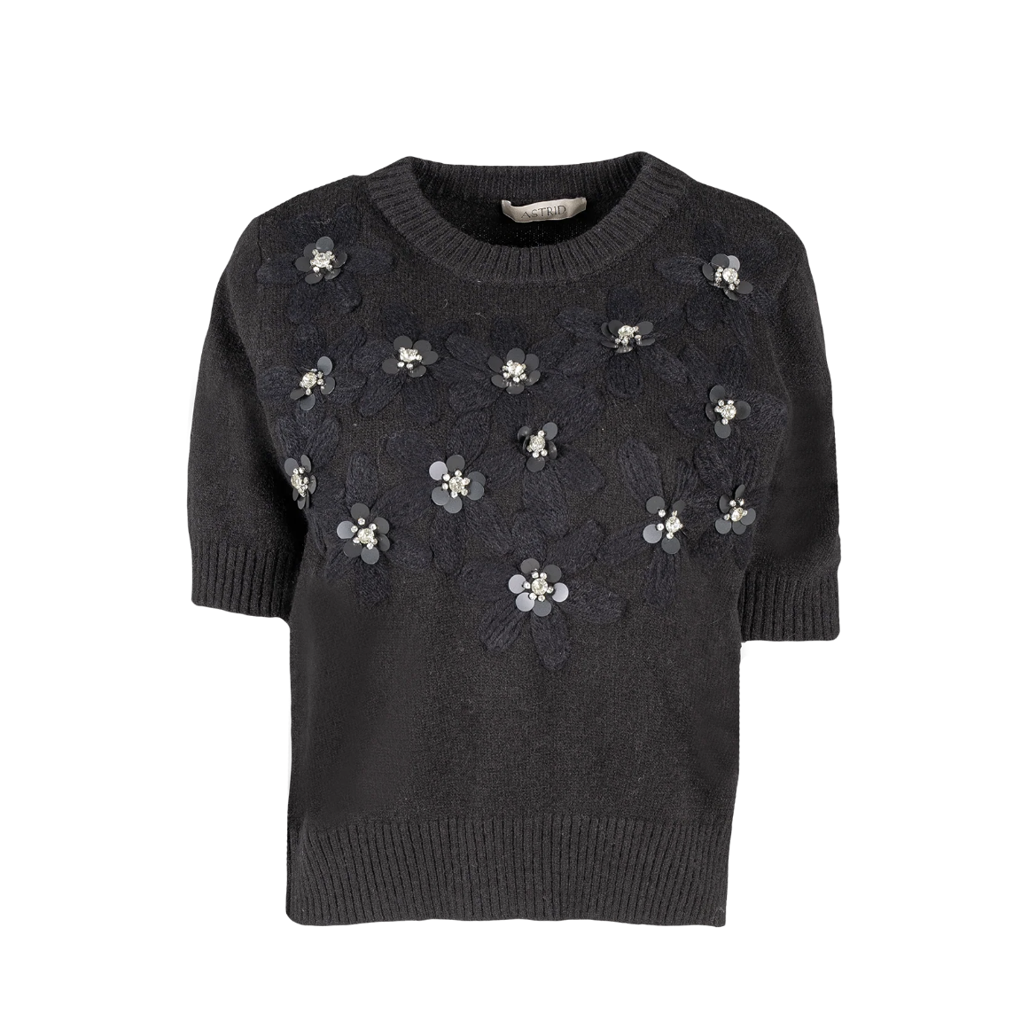 Astrid - Short Sleeve Sweater w/ Applique - Black