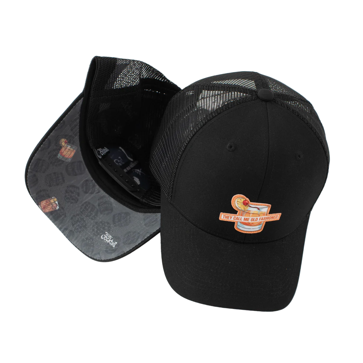 Black cap with a logo on a white background