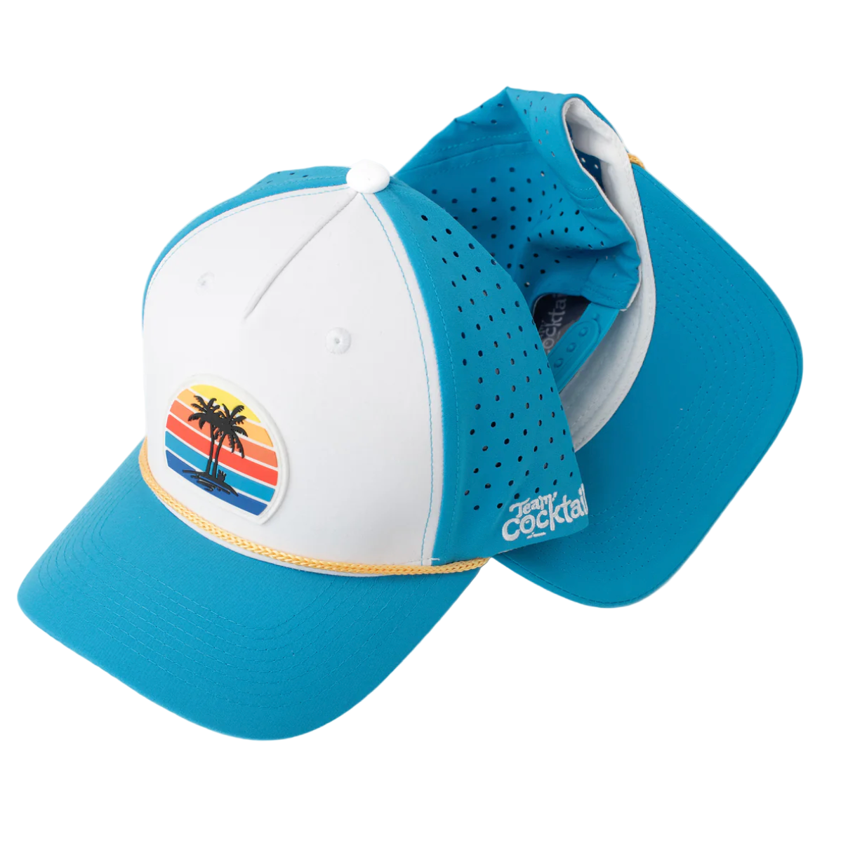 Blue and white cap with a palm tree design on a white background