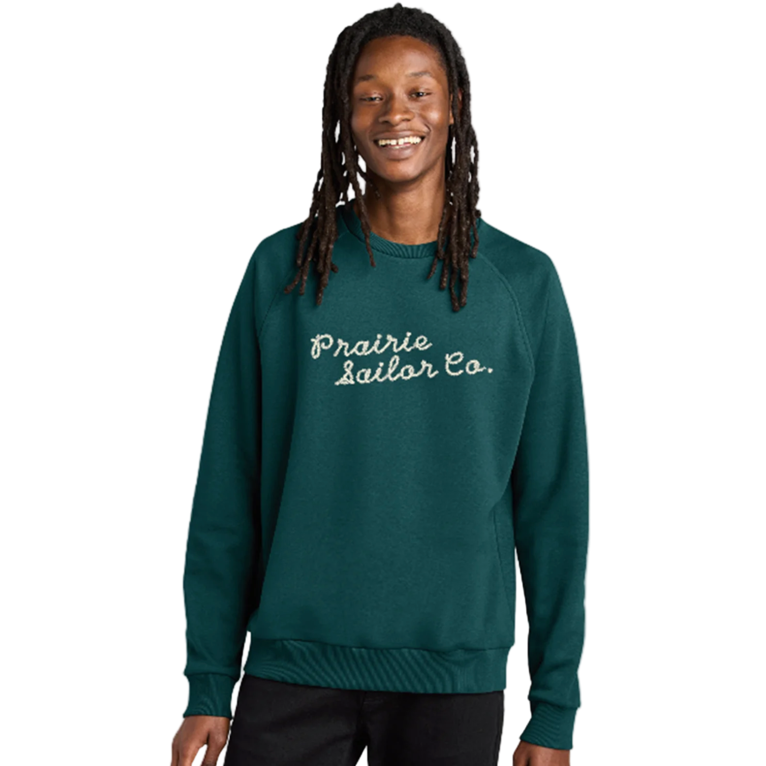 Person wearing a teal sweatshirt with 'Prairie Sailor Co.' text on a white background