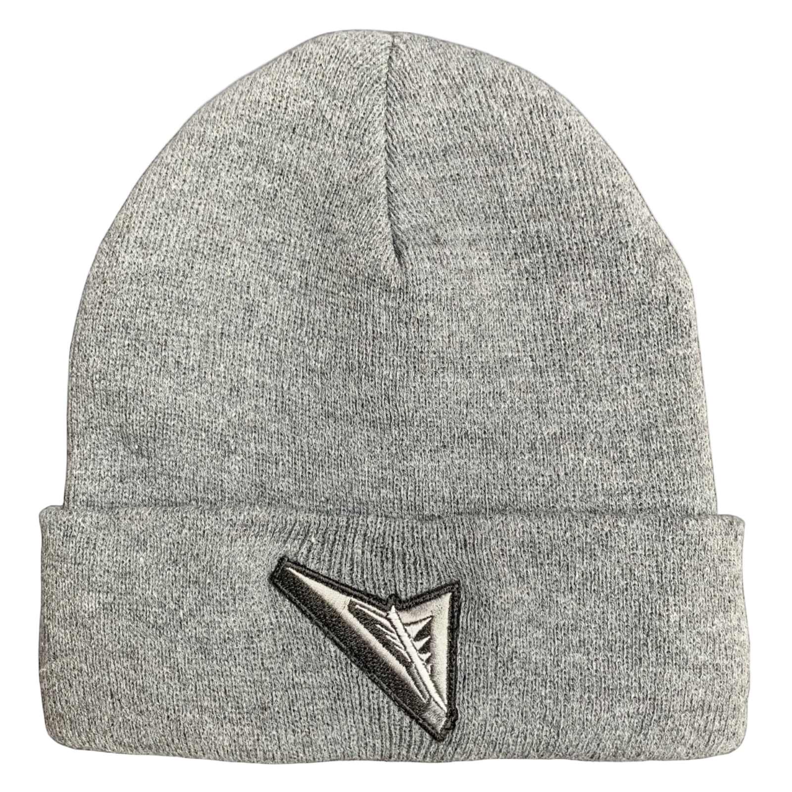 Gray beanie with a logo on a white background