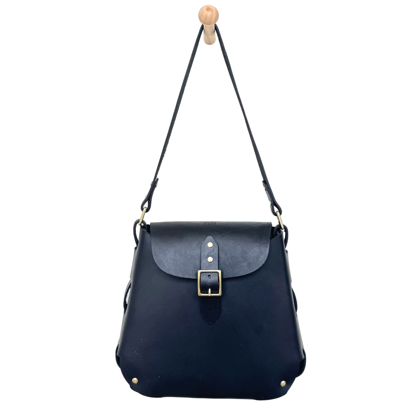 Black handbag with a strap on a white background