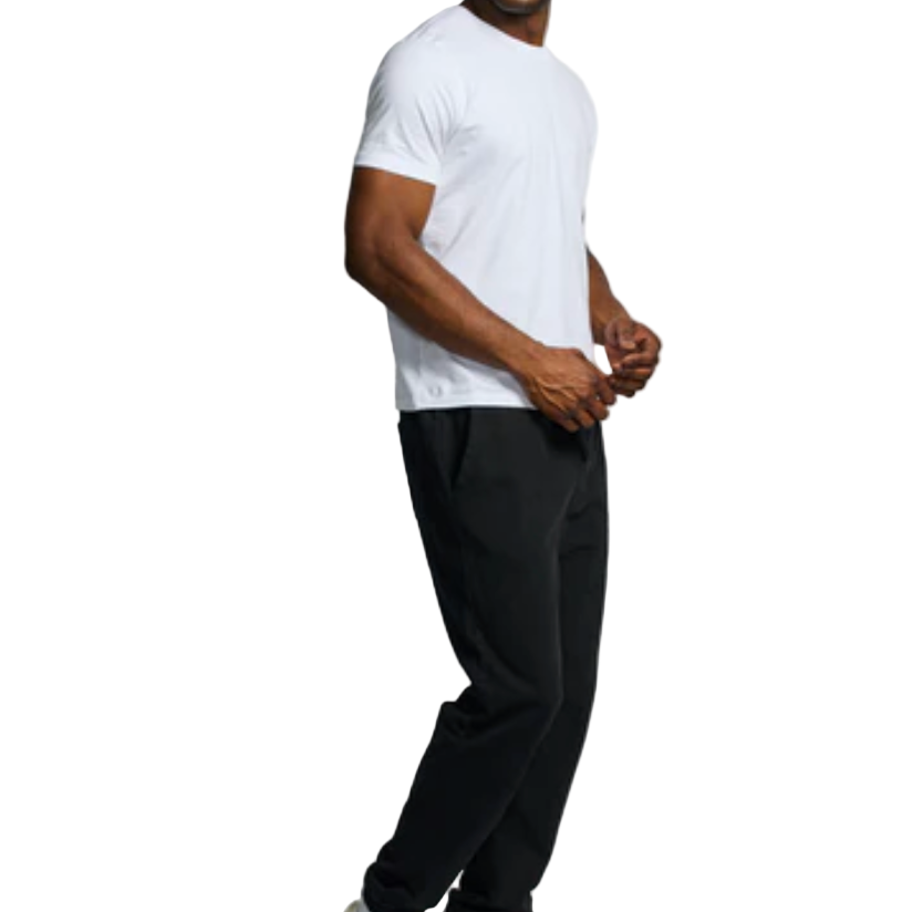 Person wearing a white t-shirt and black pants on a white background