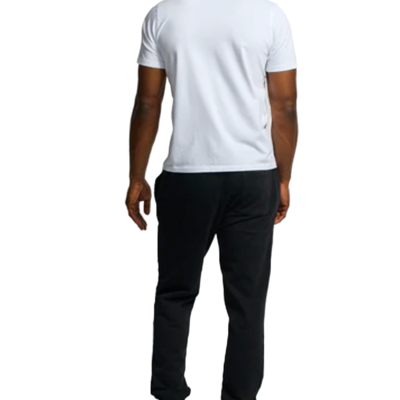 Person wearing a white t-shirt and black pants on a white background