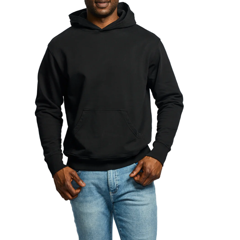 Person wearing a black hoodie and light blue jeans on a white background