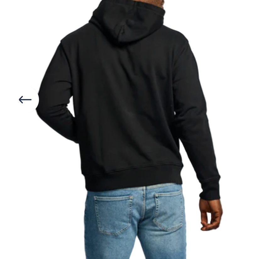 Person wearing a black hoodie and light blue jeans on a white background
