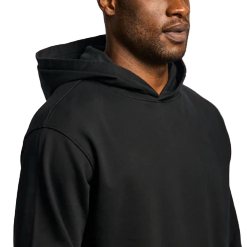 Person wearing a black hoodie on a white background