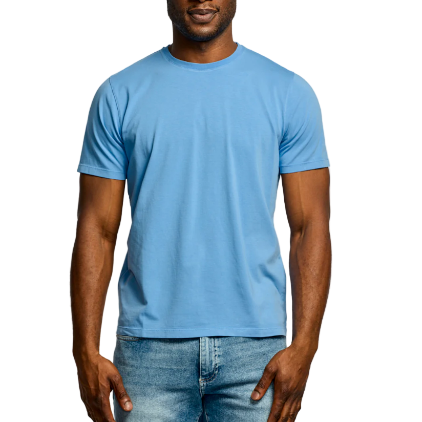 Person wearing a light blue t-shirt and jeans on a white background