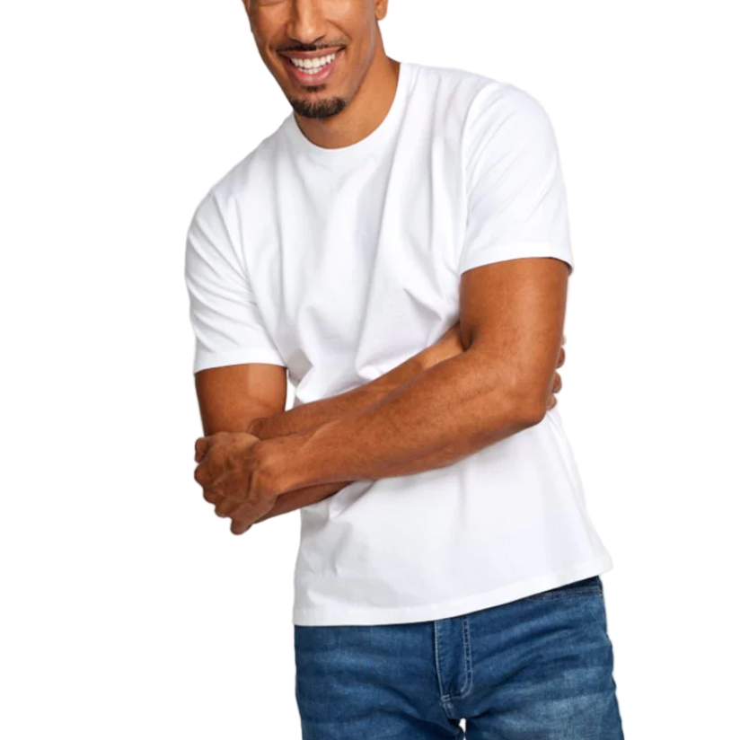 Man wearing a white t-shirt and blue jeans on a white background
