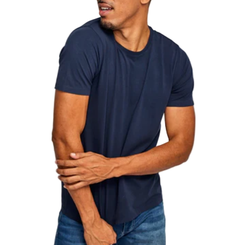 Man wearing a navy blue t-shirt on a white background