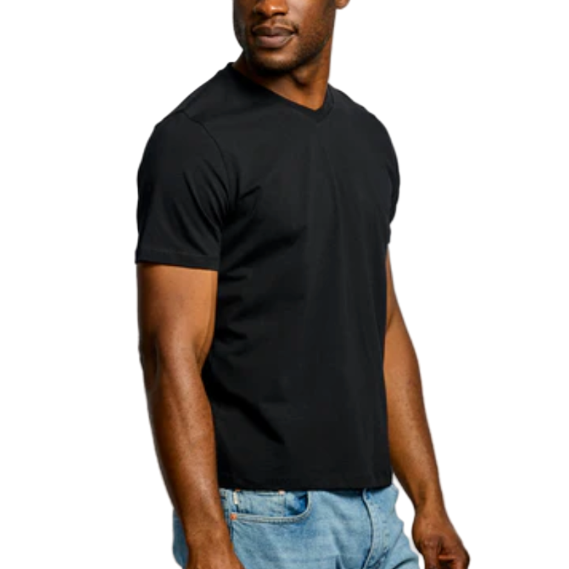 Man wearing a black t-shirt and blue jeans on a white background