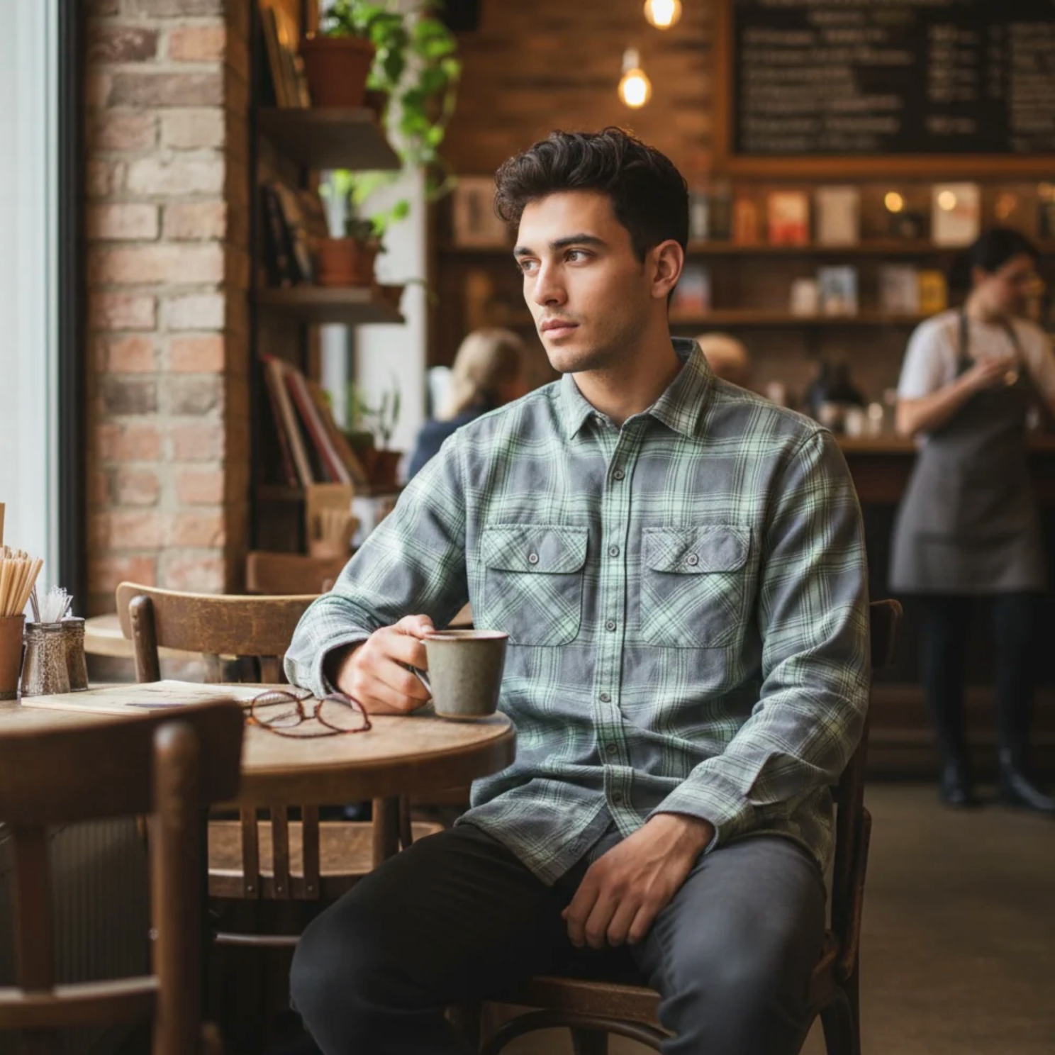 Man sitting in a cozy cafe holding a cup, surrounded by wooden furniture and shelves.
