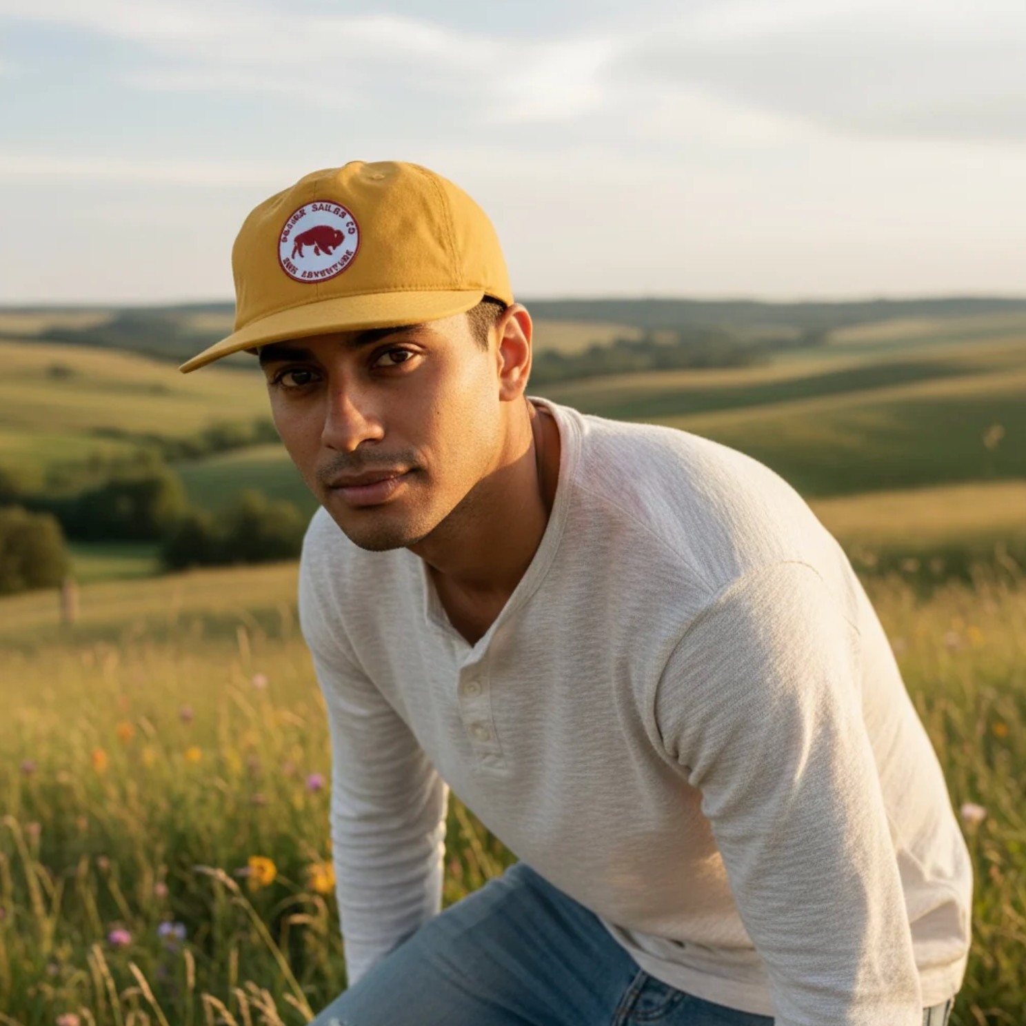 Man wearing a yellow cap with a logo in a field