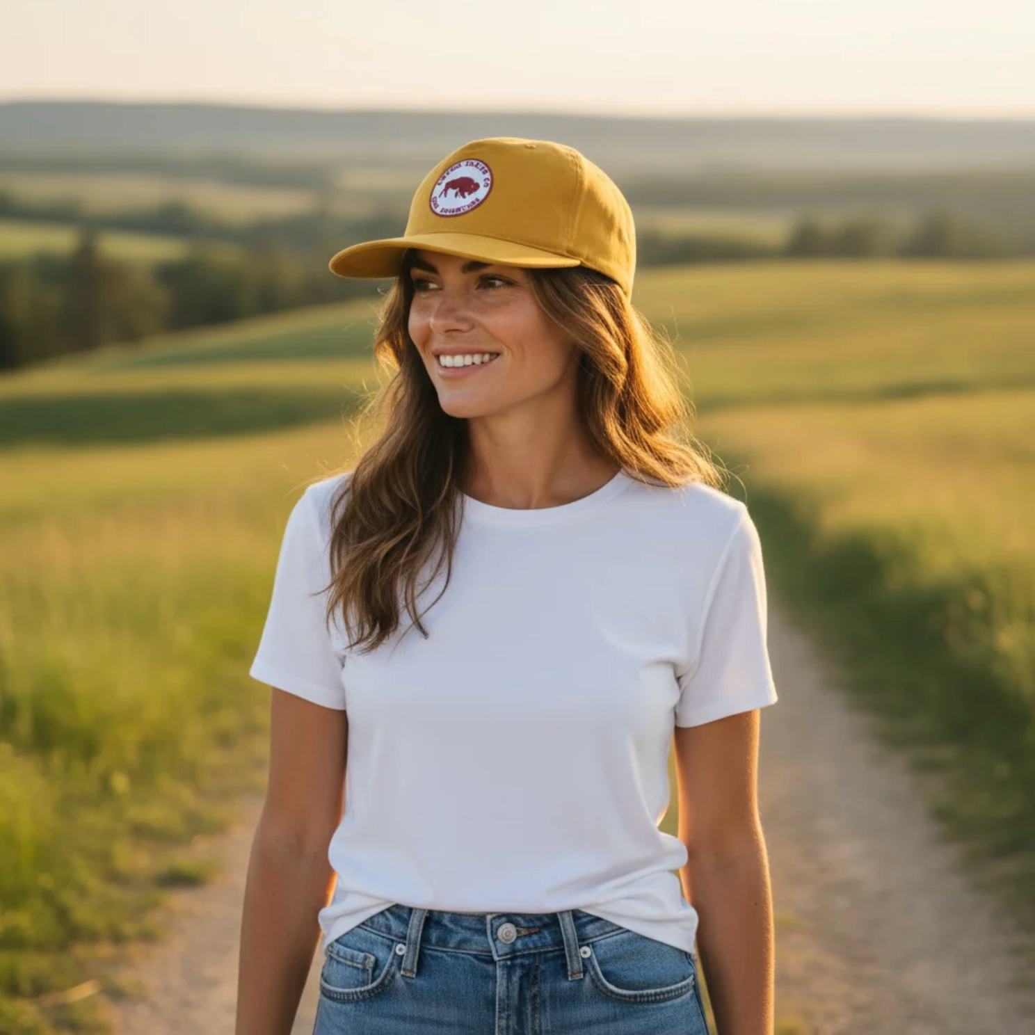 Woman wearing a yellow cap and white t-shirt standing on a dirt path with a scenic background