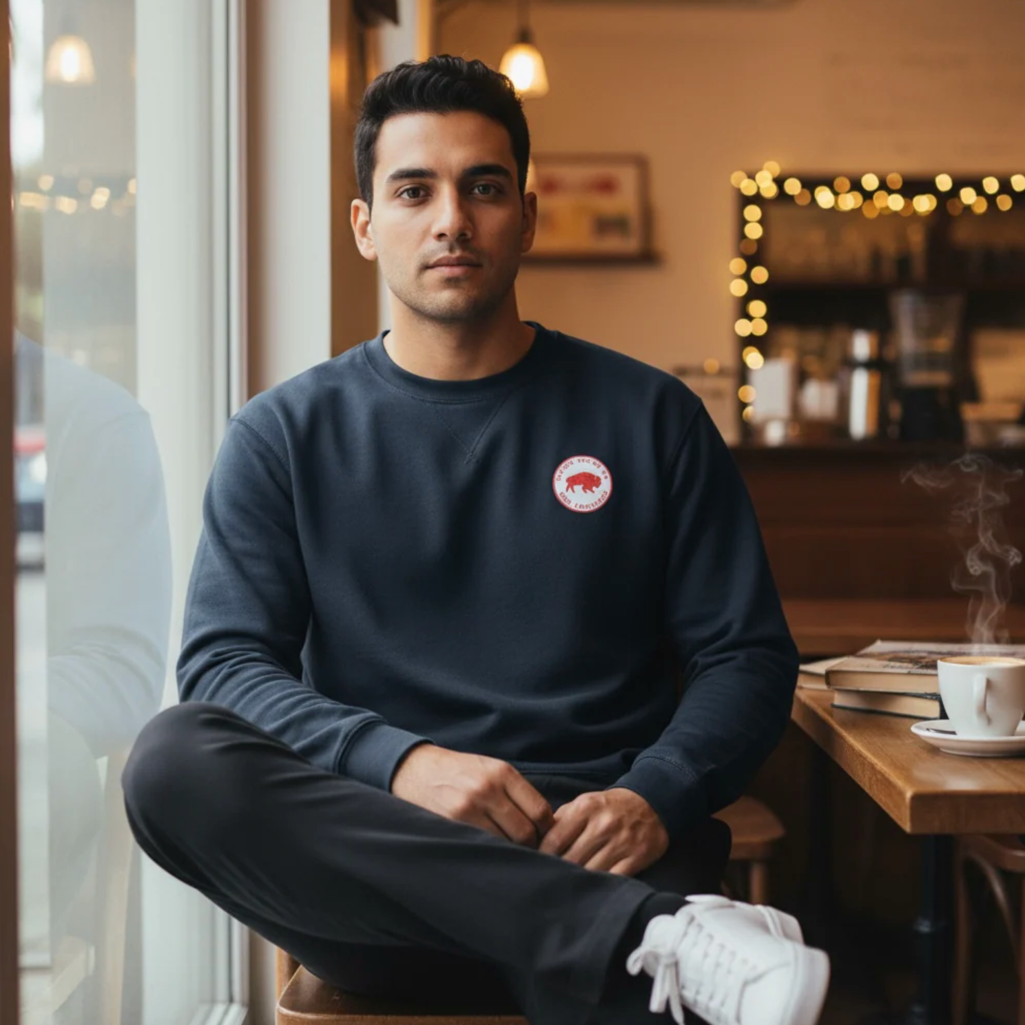 Man sitting in a cozy cafe wearing a dark blue sweatshirt with a logo.