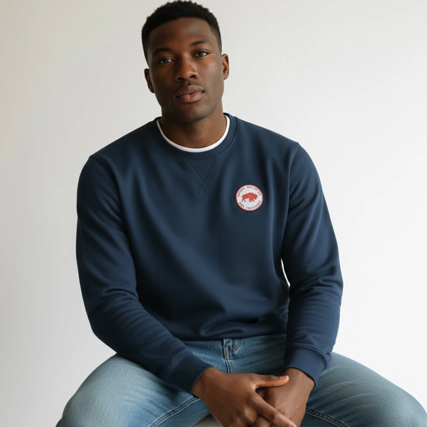 Man wearing a navy blue sweatshirt with a logo, sitting against a plain background