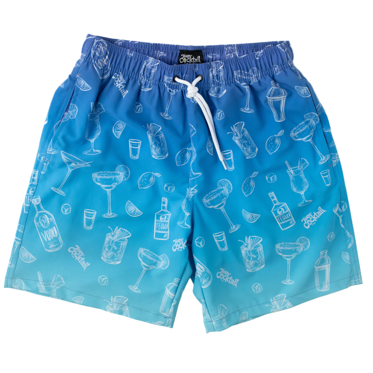 Blue shorts with cocktail pattern on a white background