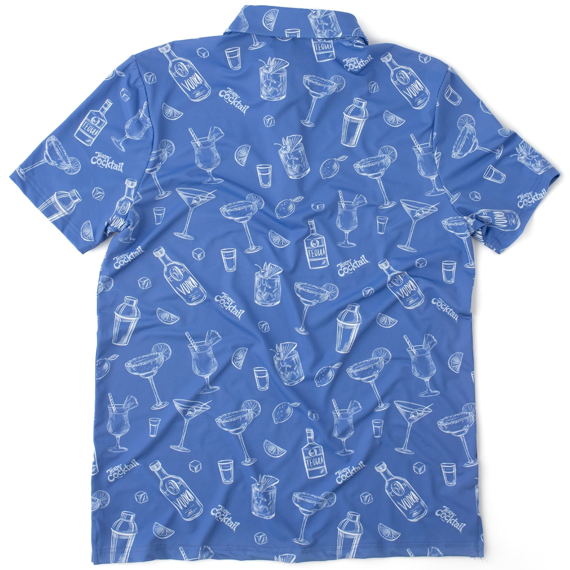 Blue shirt with white cocktail pattern on a white background