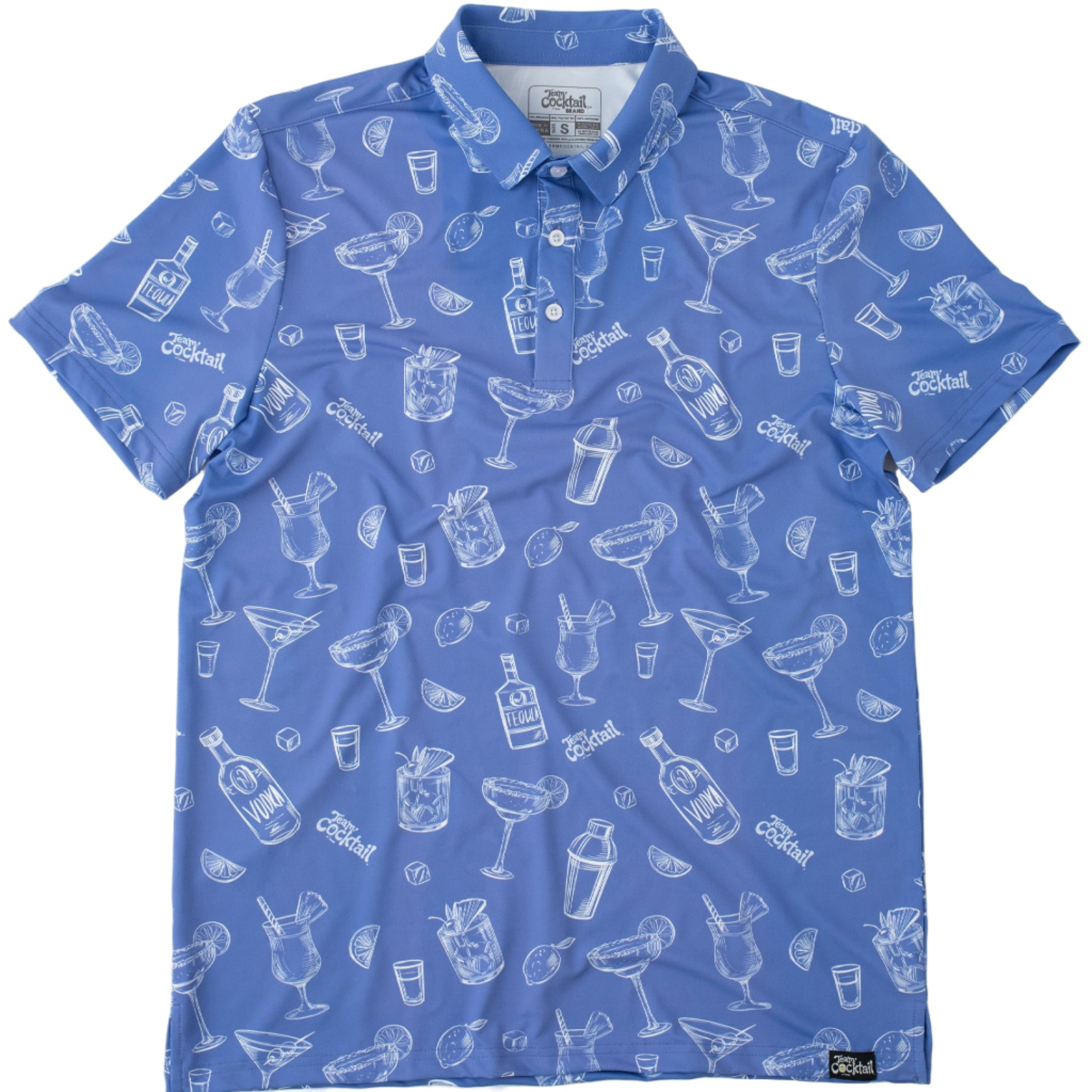 Blue polo shirt with white cocktail pattern on a white background