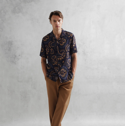 Wax London - Short Sleeve Oversized Paisley Didcot Shirt - Navy / Mustard