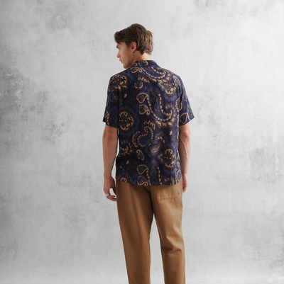 Wax London - Short Sleeve Oversized Paisley Didcot Shirt - Navy / Mustard