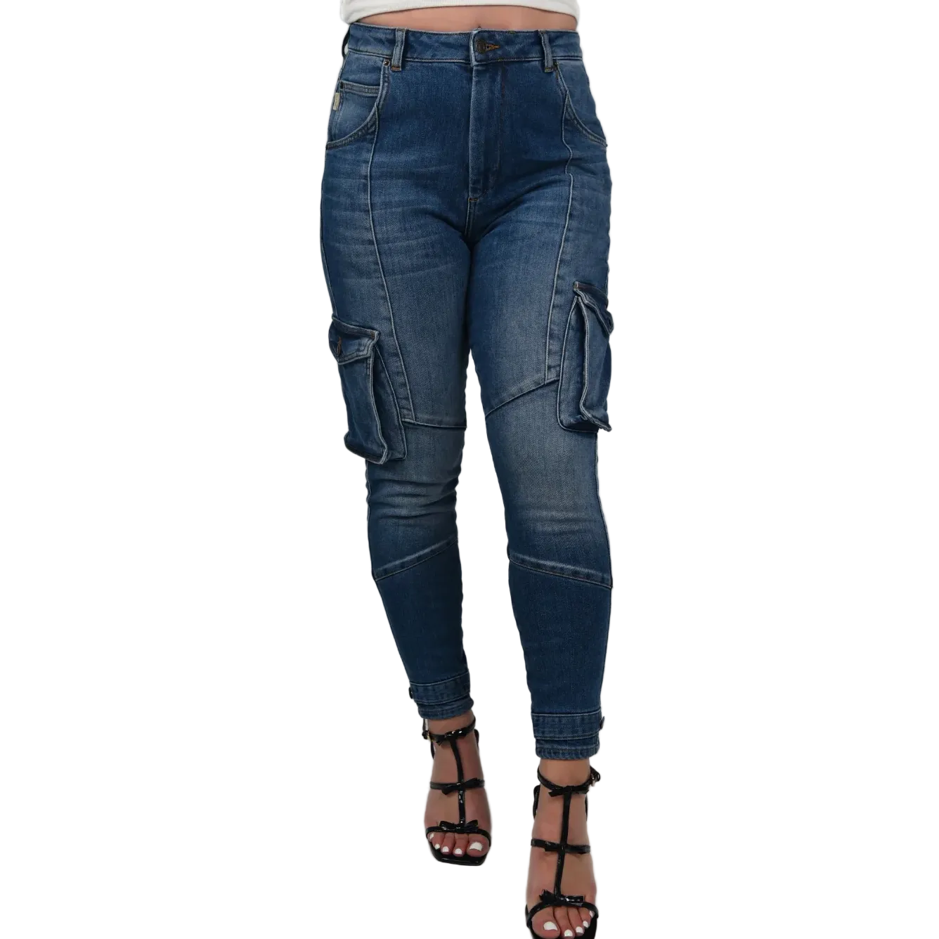 Blue cargo jeans on a white background