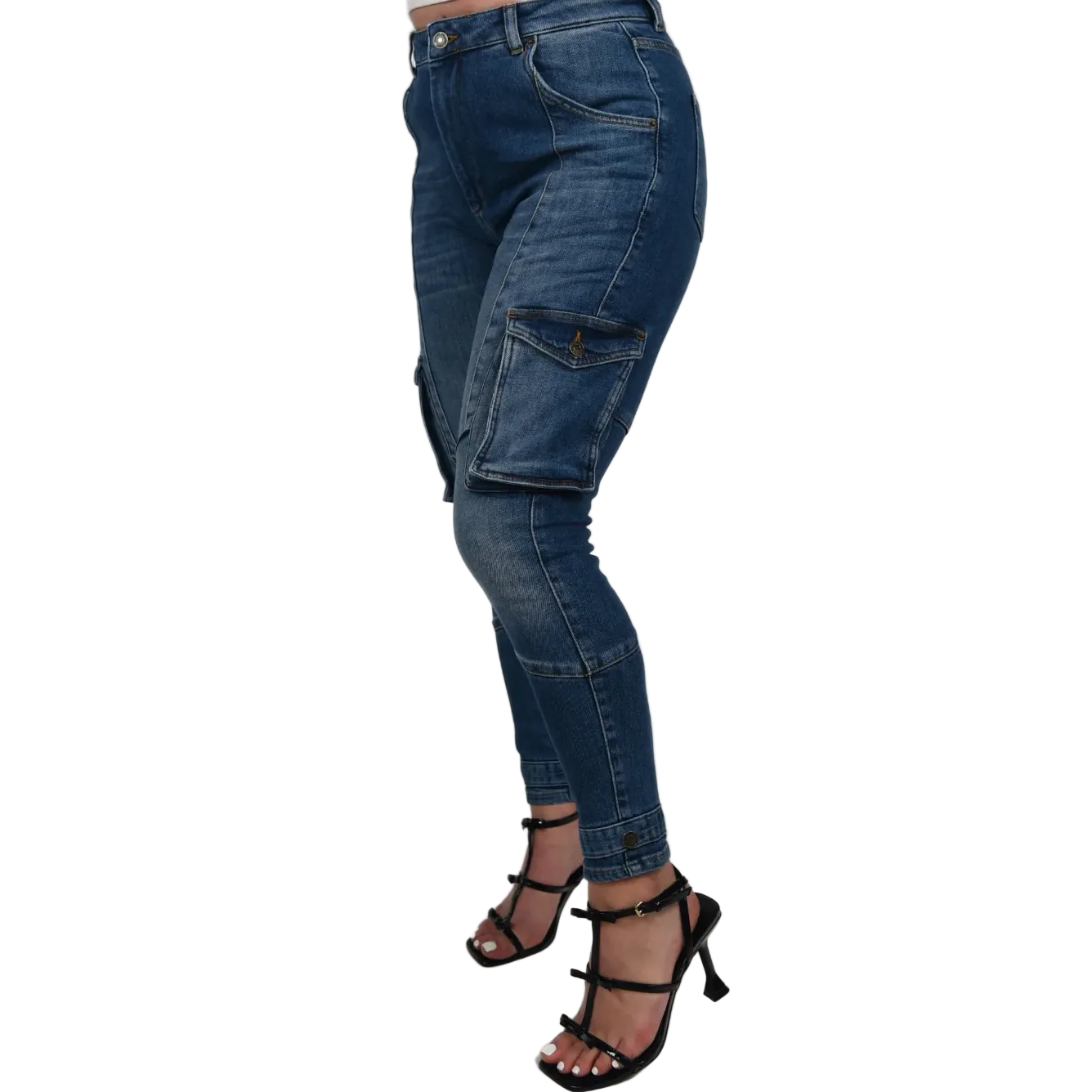 Blue jeans worn by a person on a white background