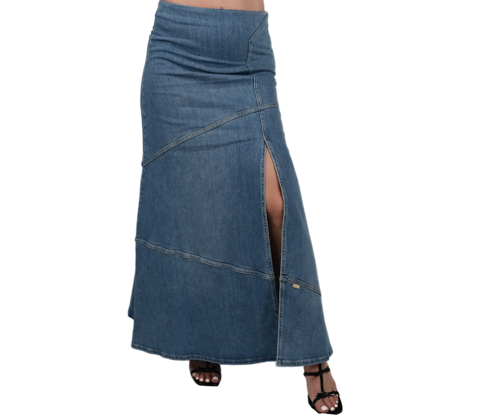 Long denim skirt with a front slit on a white background