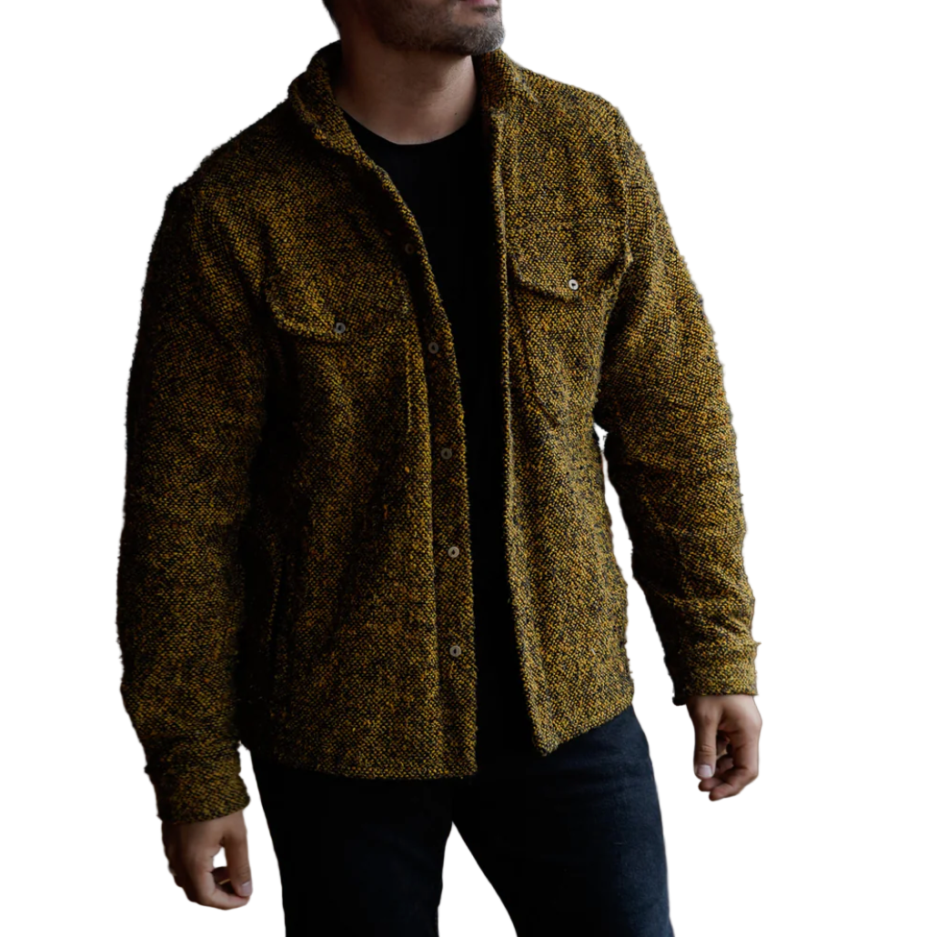 Man wearing a brown textured jacket with a white background