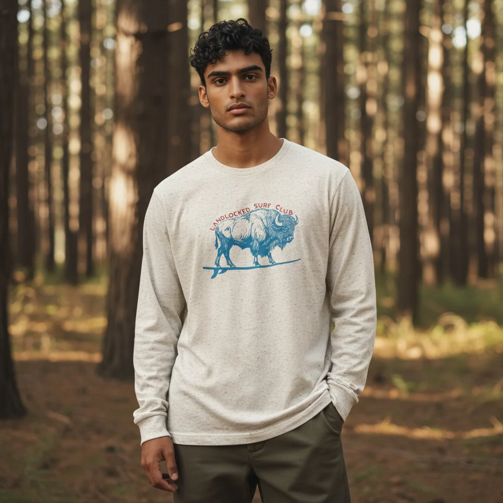 Man wearing a sweatshirt with a graphic design in a forest setting