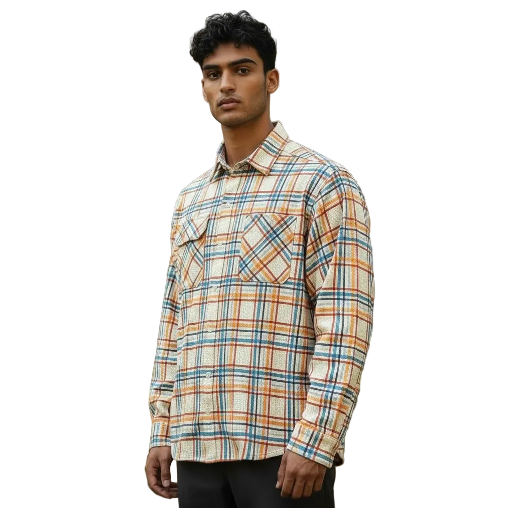 Man wearing a plaid shirt on a white background