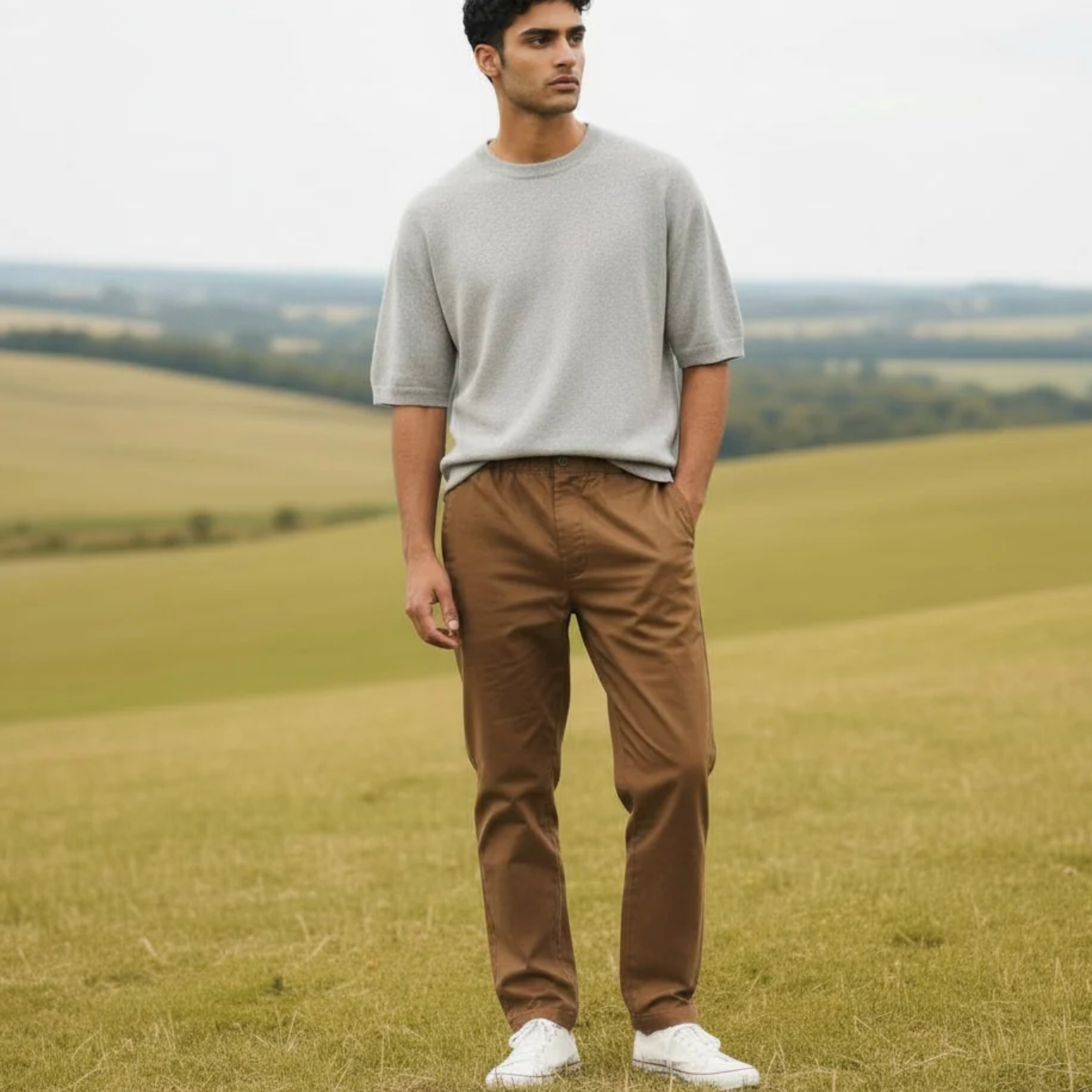 Man standing in a field wearing a gray t-shirt and brown pants.