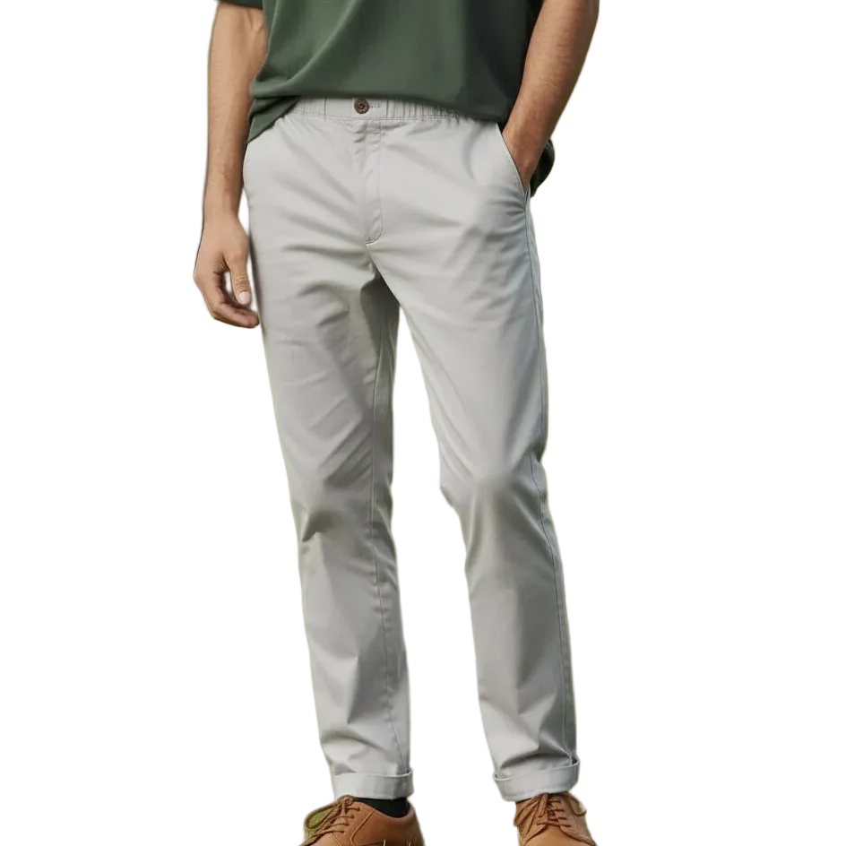 Person wearing light gray pants and brown shoes on a white background.