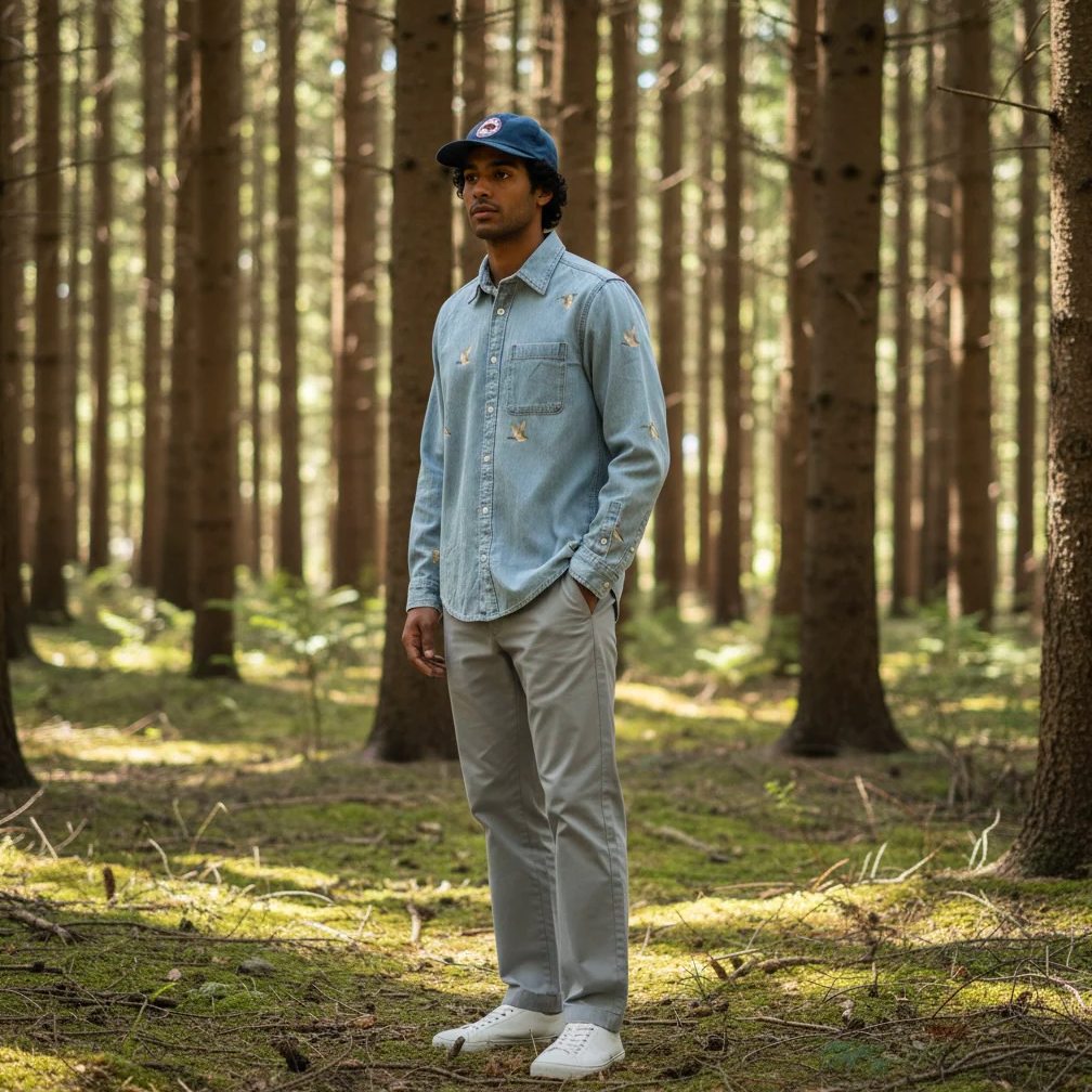 Man standing in a forest wearing a light blue denim shirt and gray pants.
