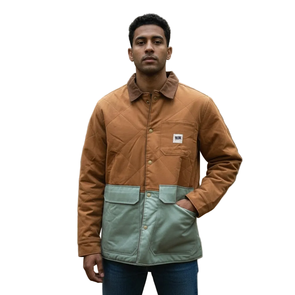 Man wearing a two-tone jacket on a white background