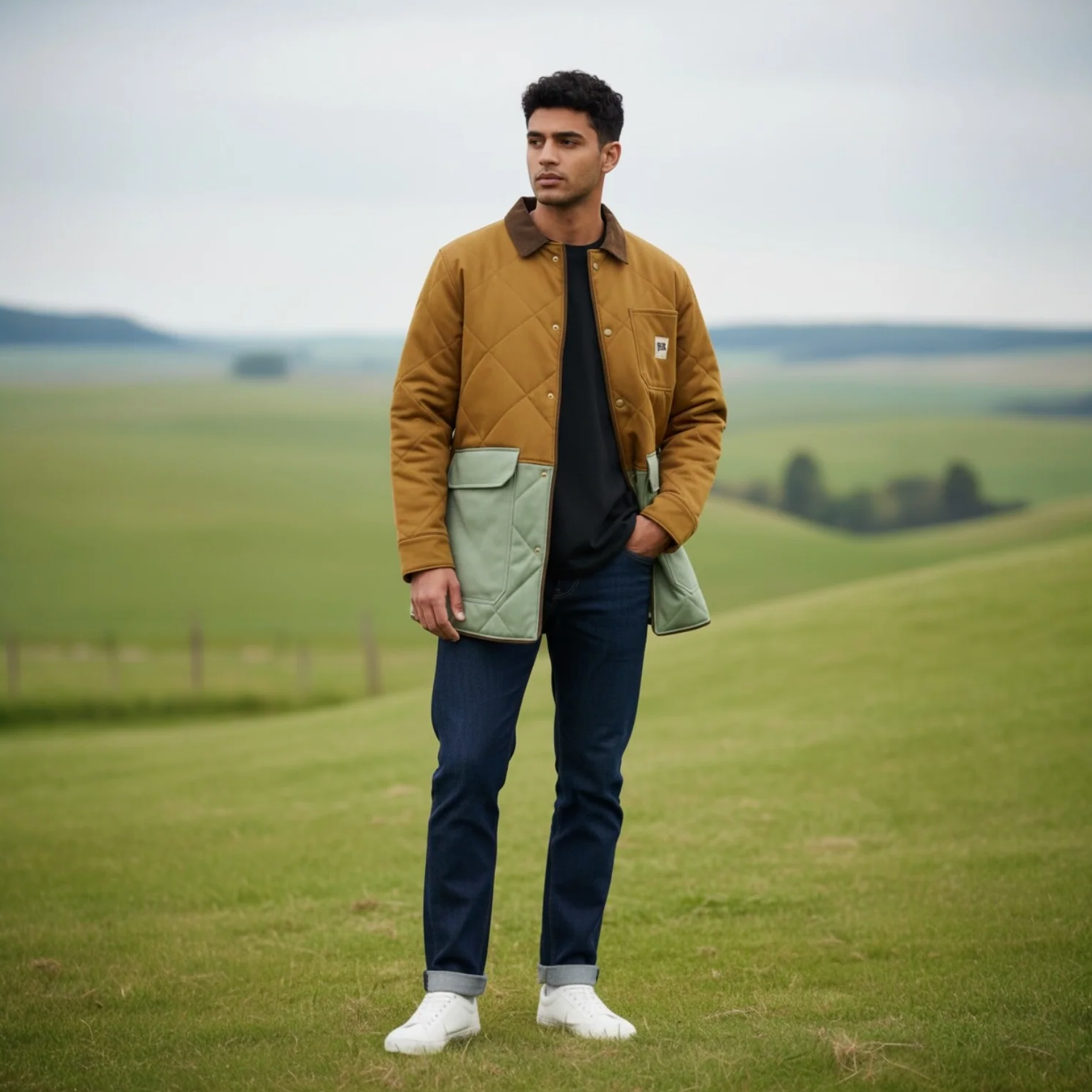 Man wearing a brown quilted jacket and blue jeans standing in a grassy field.