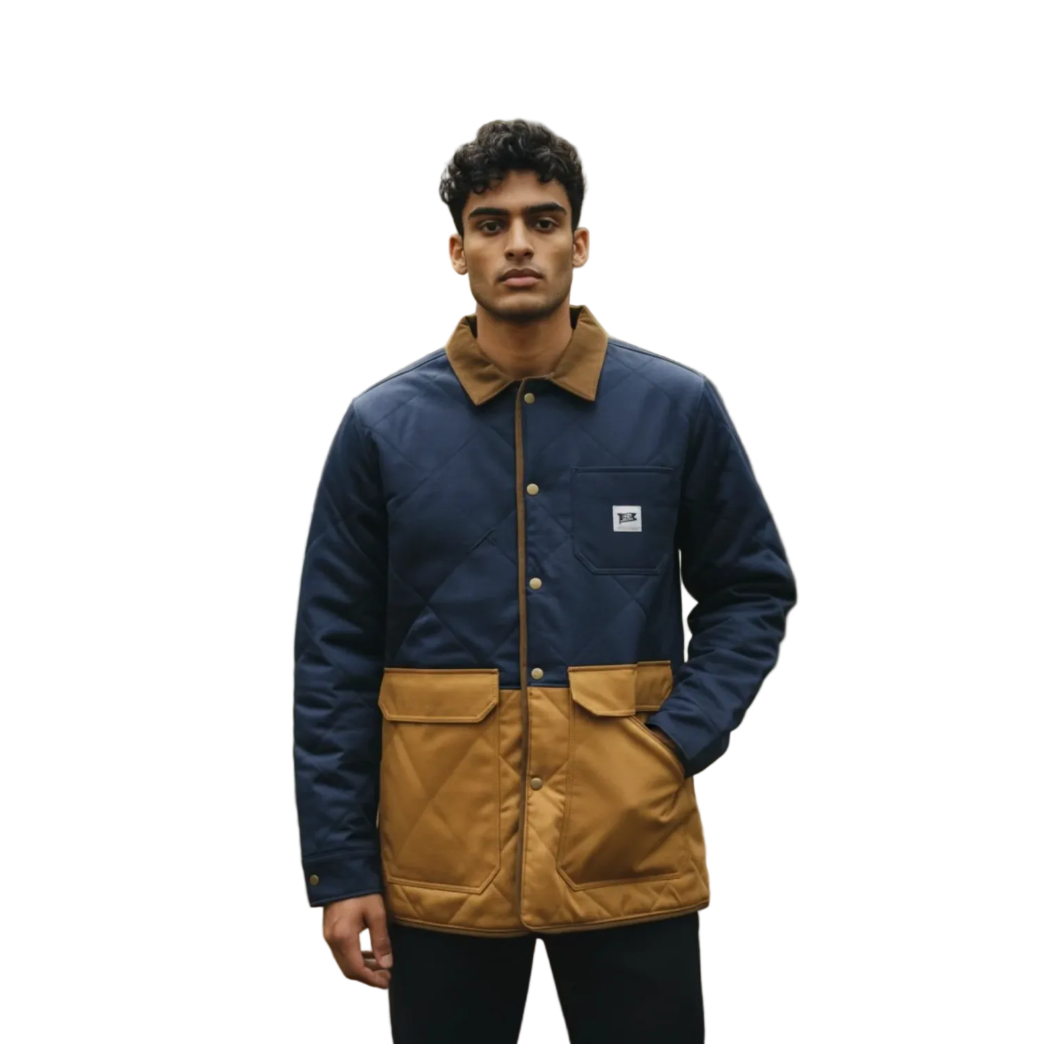 Man wearing a blue and brown jacket on a white background