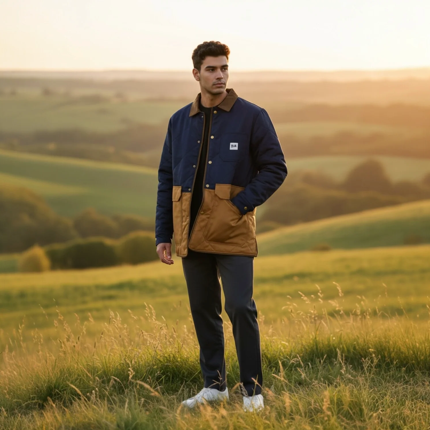 Man wearing a two-tone jacket standing in a field with rolling hills in the background