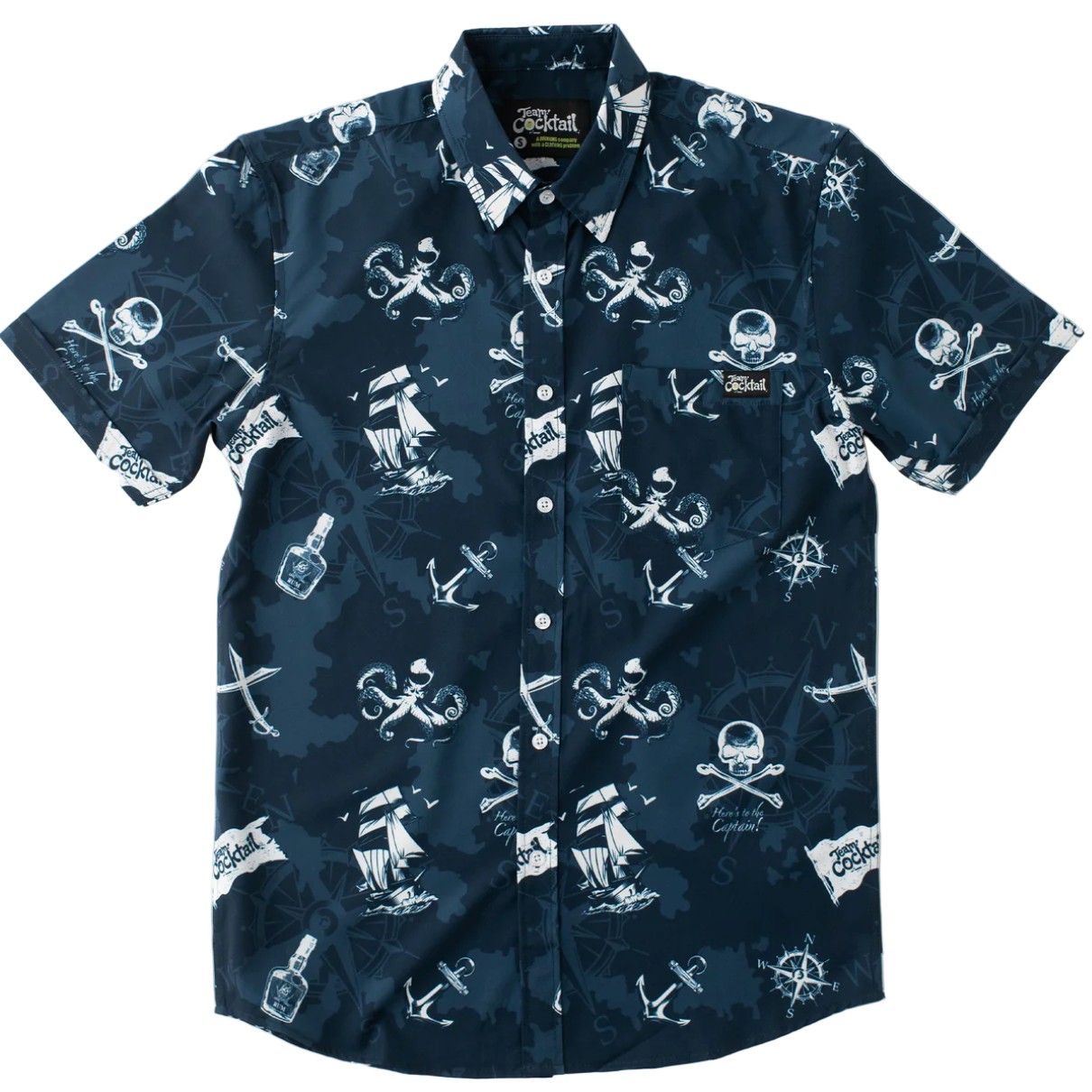 Navy blue shirt with white nautical pattern on a white background
