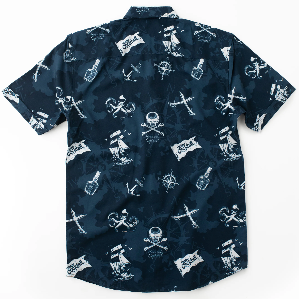 Navy blue shirt with white pirate-themed patterns on a white background