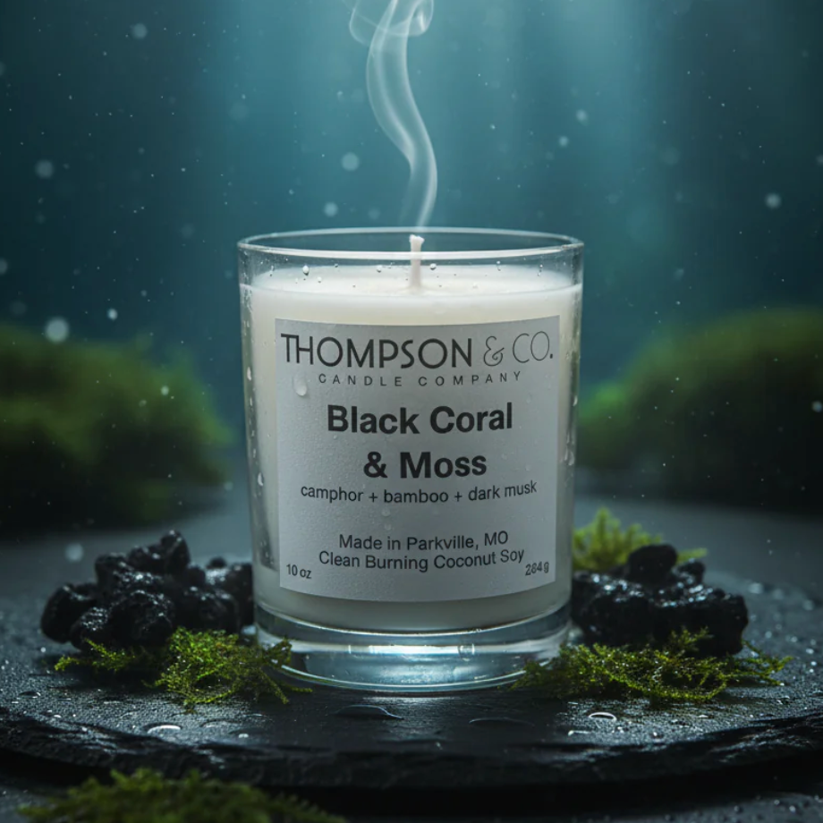 Thompson & Co candle labeled 'Black Coral & Moss' with a dark background