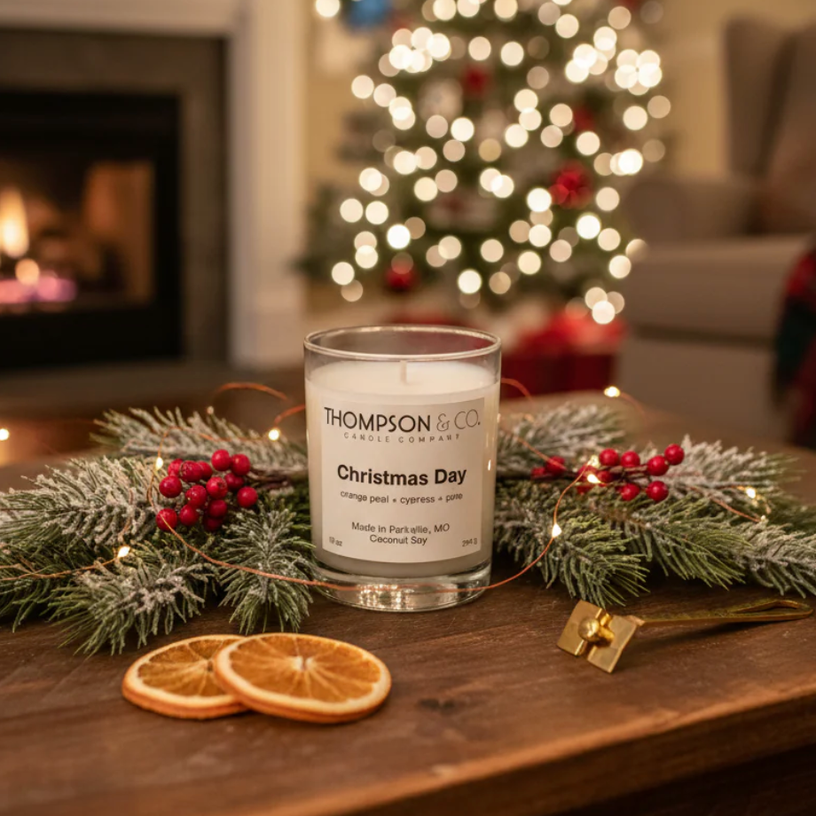 Thompson & Co Christmas Day candle on a wooden table with festive decorations and a blurred Christmas tree in the background.