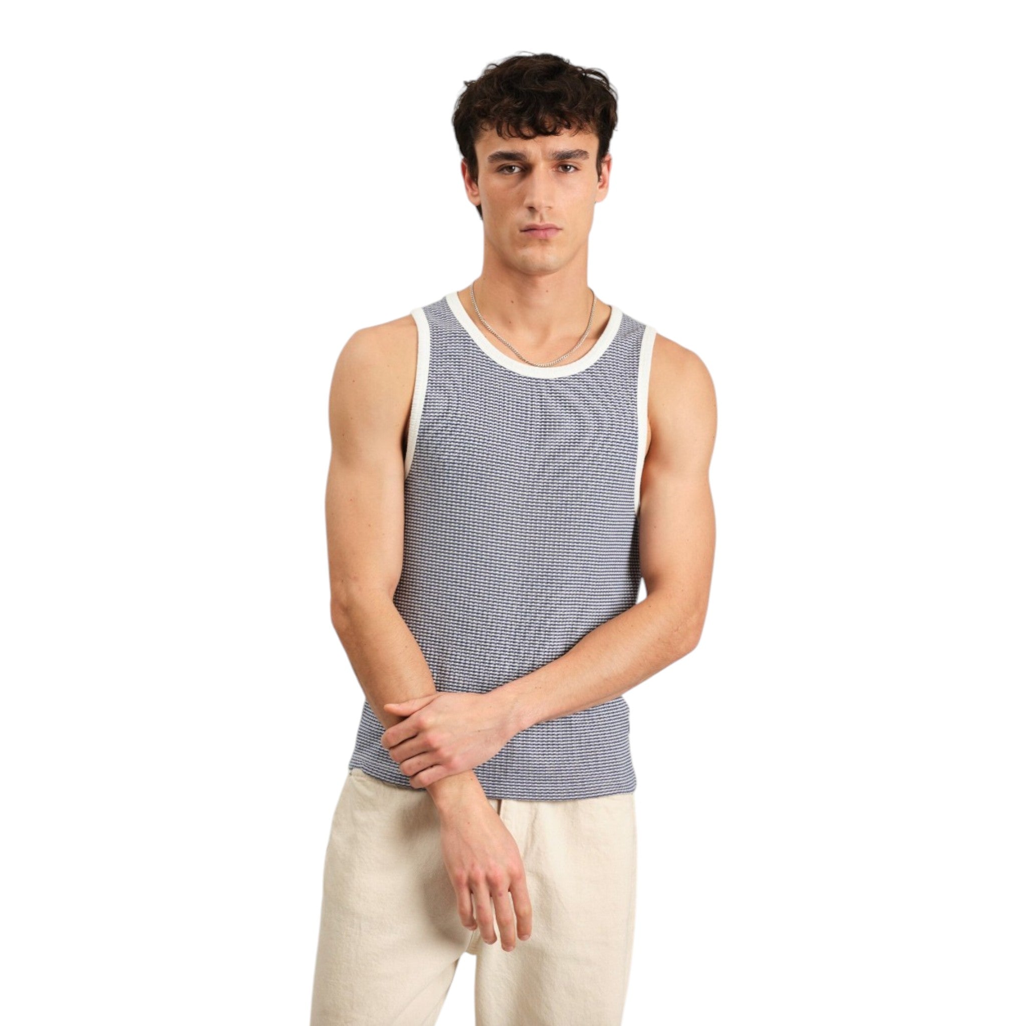 Wax London - Montague Mini Stripe Rib Vest - Blue / Ecru