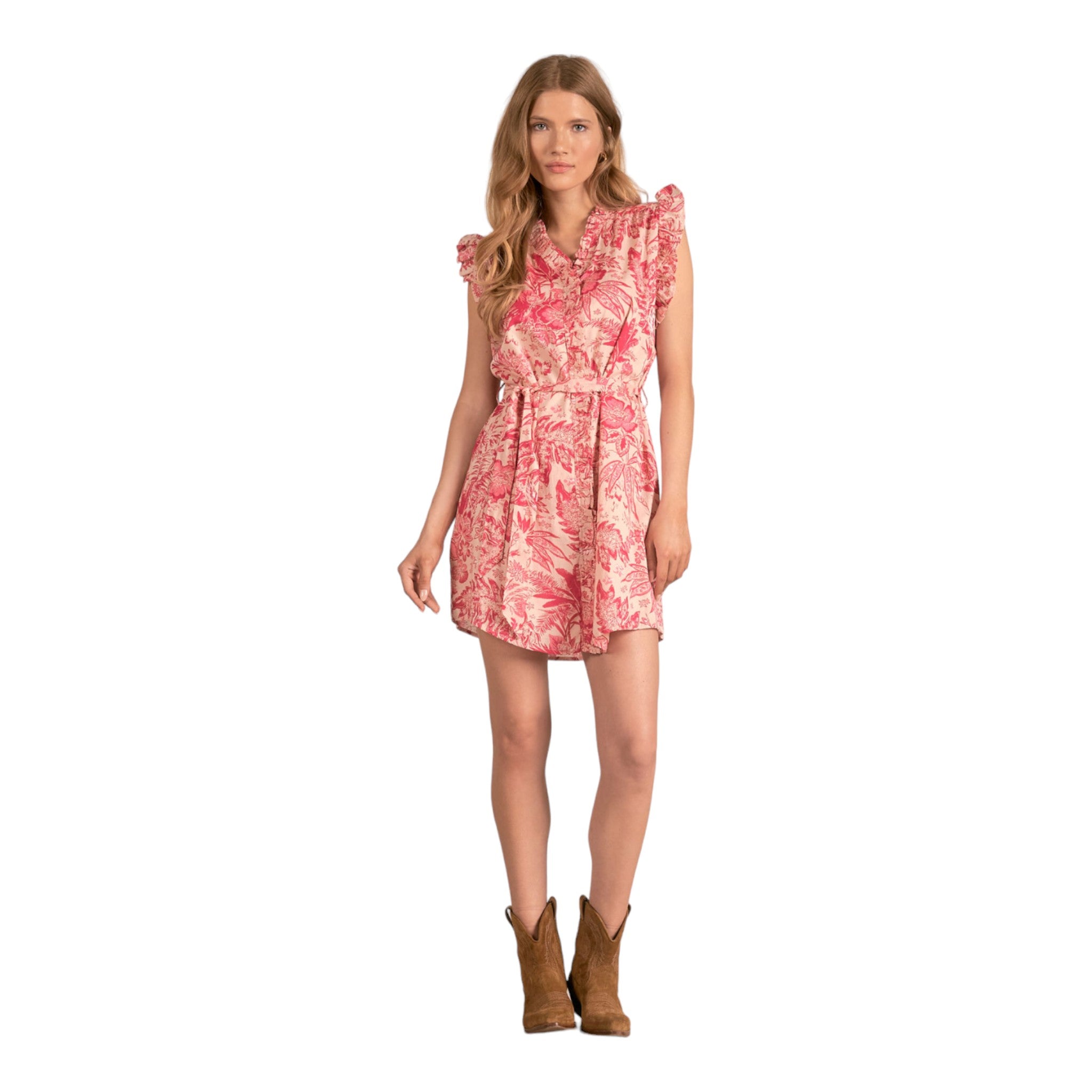 Elan - Ruffle Sleeve Dress with Belt - Pink Leafy Floral