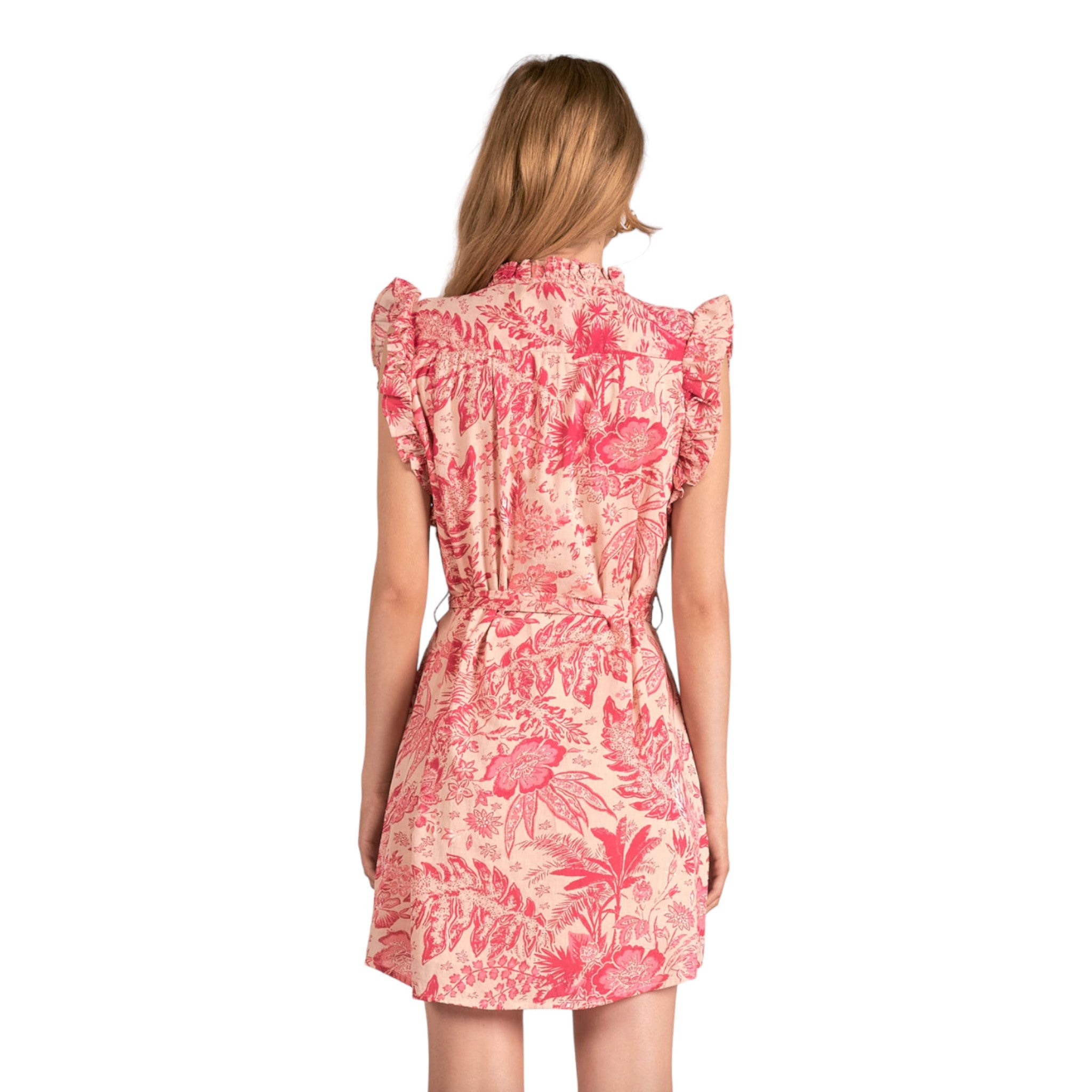 Elan - Ruffle Sleeve Dress with Belt - Pink Leafy Floral